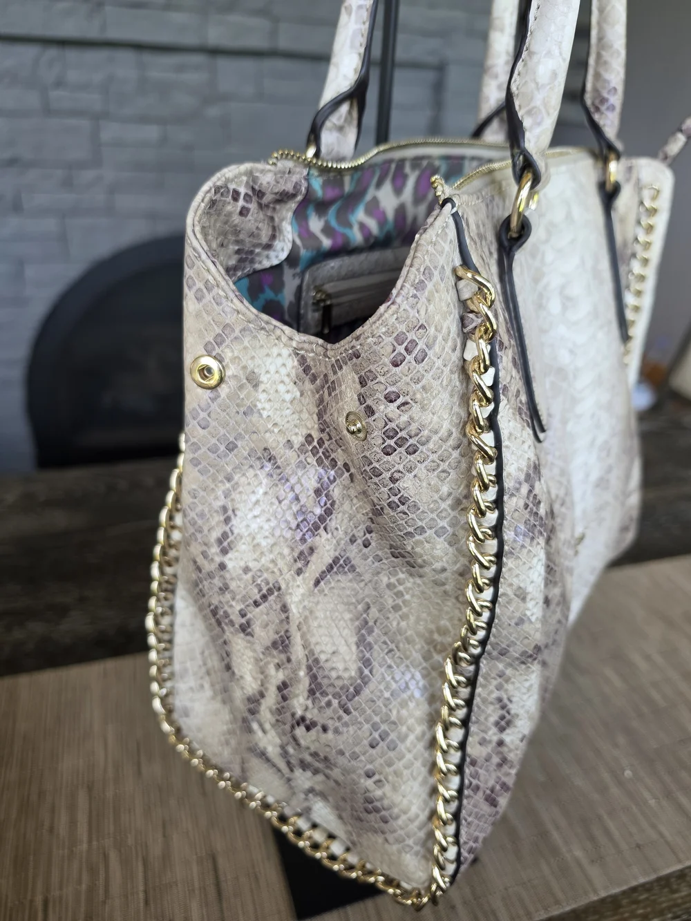 GUESS Women's Snake-Embossed Satchel in Cream with Gold Chain Accents
